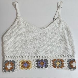 White Crochet Tank Top with Multicolor floral Accents